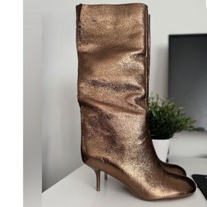 Zara Metallic Golden Bronze Kitten Heel Boots Knee HighY2K Size US9 EU40 NWT